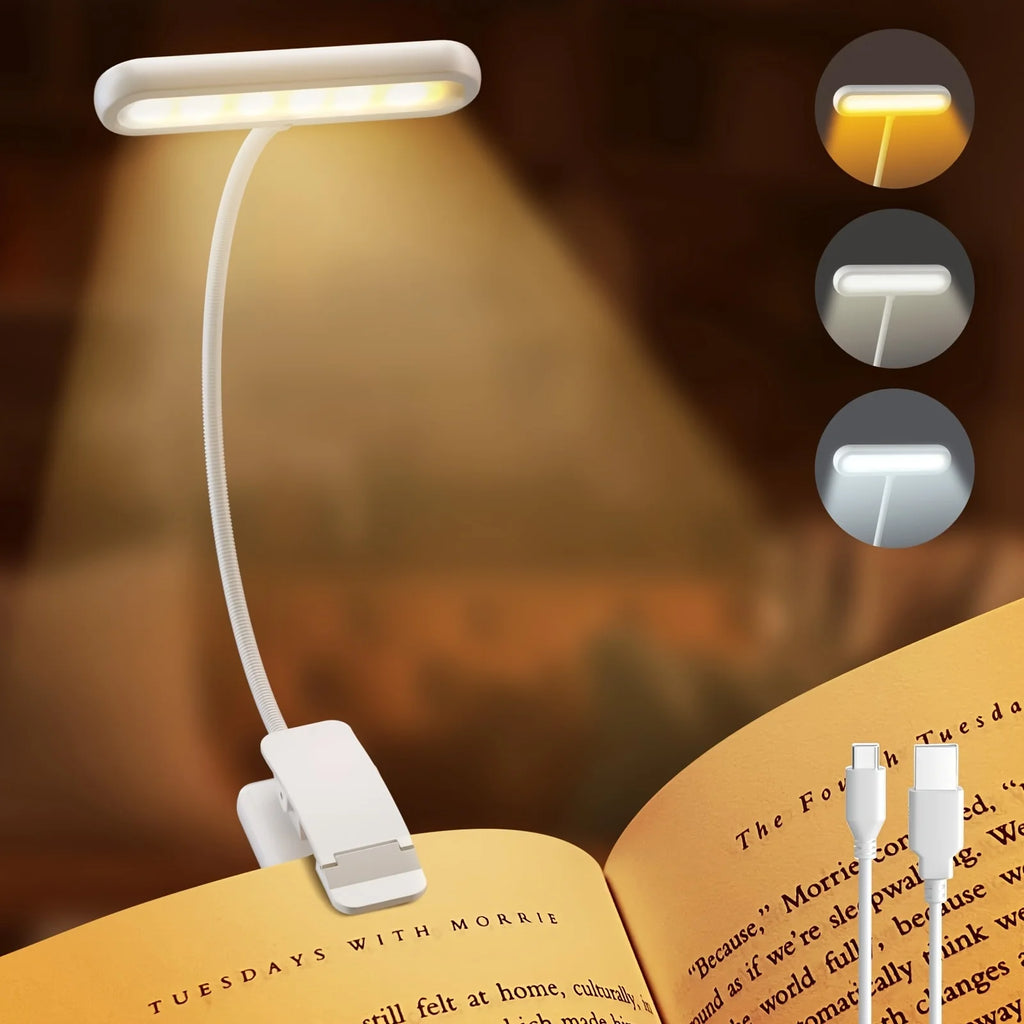 USB Rechargeable Book Light 3 Color Adjustable LED Reading Lamp with Clamp Eye-Care Night Light for Bed, Study Desk