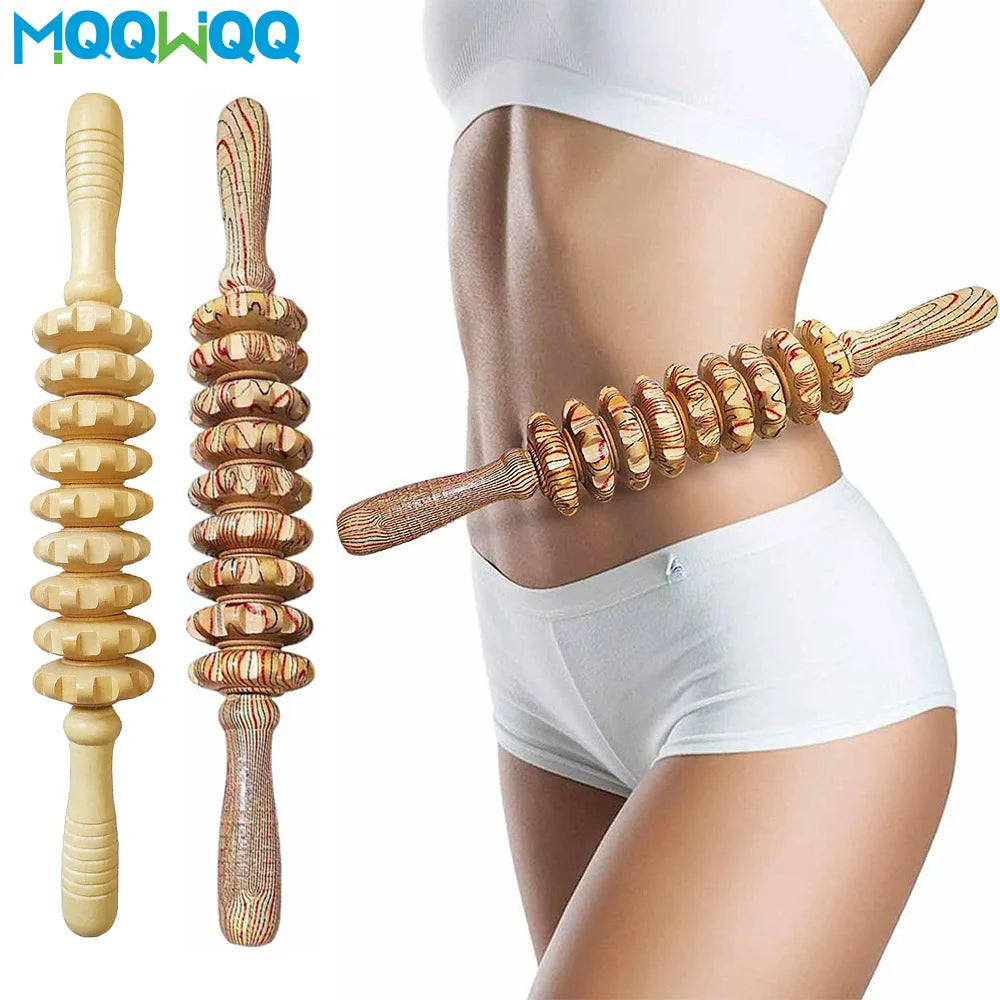 9 Rollers Wooden Massager Handheld Roller Stick, Massage Tools for Anti-cellulite, Body Muscle Pain Relief