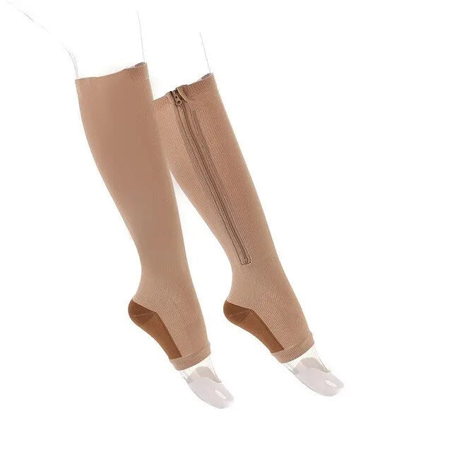 Compression Socks Men Women Support Knee Zipper Female Open Toe Thin Anti Fatigue Stretchy Sox High Socks Unisex