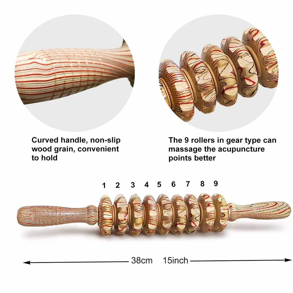 9 Rollers Wooden Massager Handheld Roller Stick, Massage Tools for Anti-cellulite, Body Muscle Pain Relief