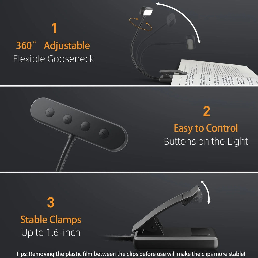 USB Rechargeable Book Light 3 Color Adjustable LED Reading Lamp with Clamp Eye-Care Night Light for Bed, Study Desk