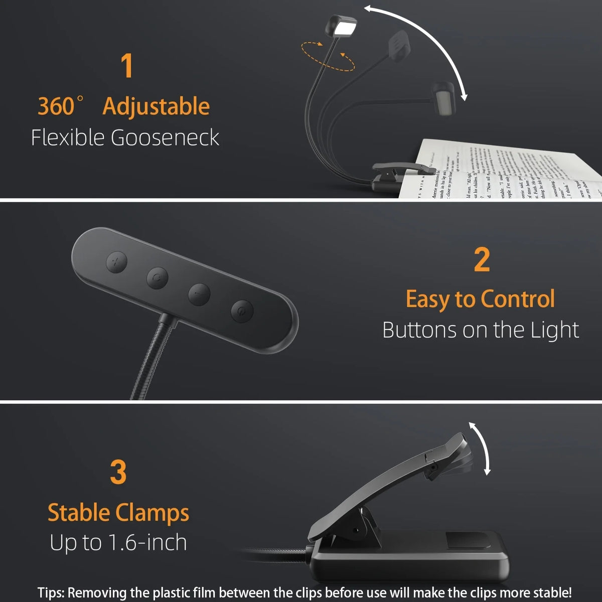 USB Rechargeable Book Light 3 Color Adjustable LED Reading Lamp with Clamp Eye-Care Night Light for Bed, Study Desk