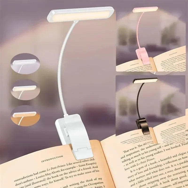 USB Rechargeable Book Light 3 Color Adjustable LED Reading Lamp with Clamp Eye-Care Night Light for Bed, Study Desk