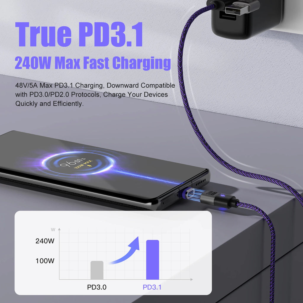 240W Magnetic Charging Cable PD3.1 5A Fast Charging USB C Cable Magnetic Phone Charger Cord for iPhone 17 Pro Max Samsung Xiaomi